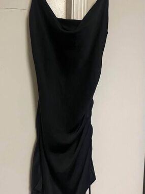Elegant Black Slip Dress - Women's Cowl Neck Evening Dress